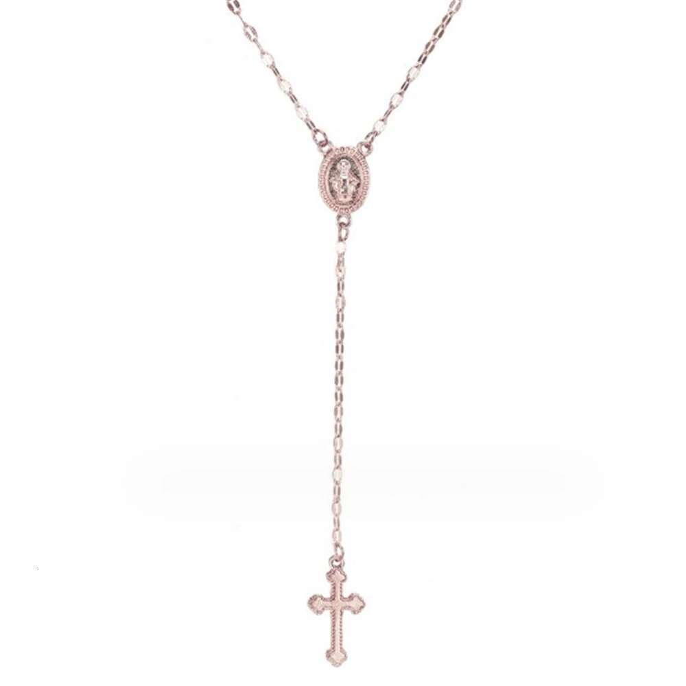 Virgin Mary Metal Necklaces with Cross Pendant Gold and Sier Color Prayer Collar Long Sweater Chain Necklace for Women Men