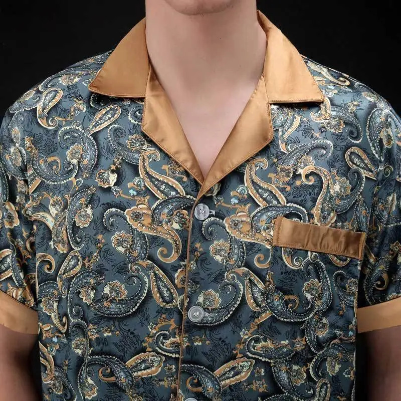 Ice Silk Robe Mens Casual Home Clothing Printed Shirts and Pants Summer and Autumn Collection Bathroom Loose Pocket Evening Dress Lounge 250409