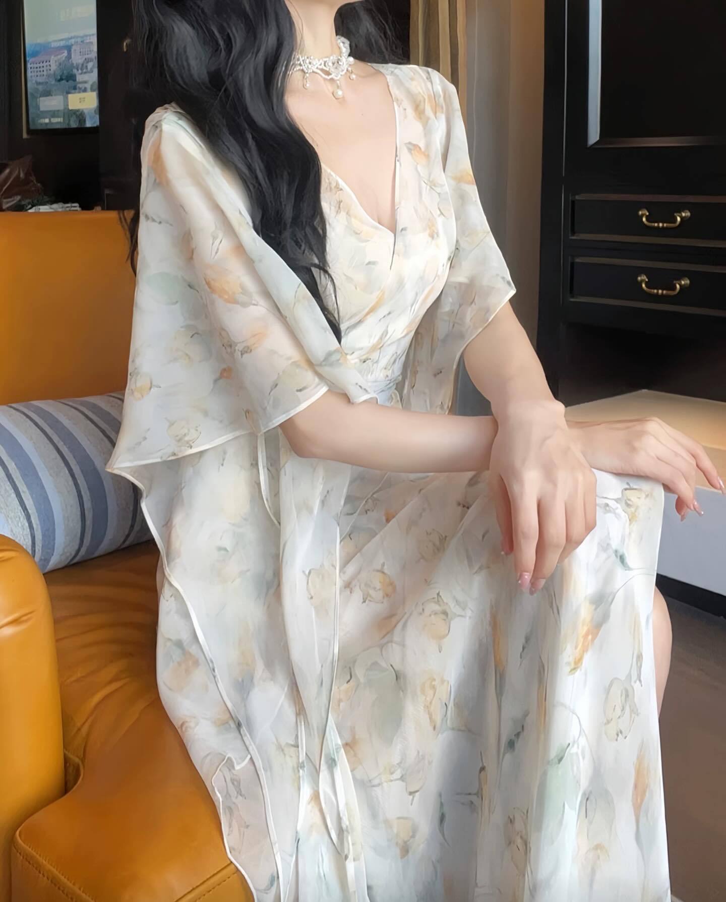 Y100 Sleeve Chiffon Floral Dress Waist Irregular Fairy Long Dress