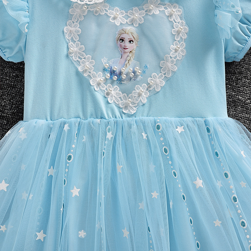 DISNEY Baby clothes kids designer clothes Summer short-sleeved cotton lace Elsa dress for Frozen birthday dress Comfortable and soft.