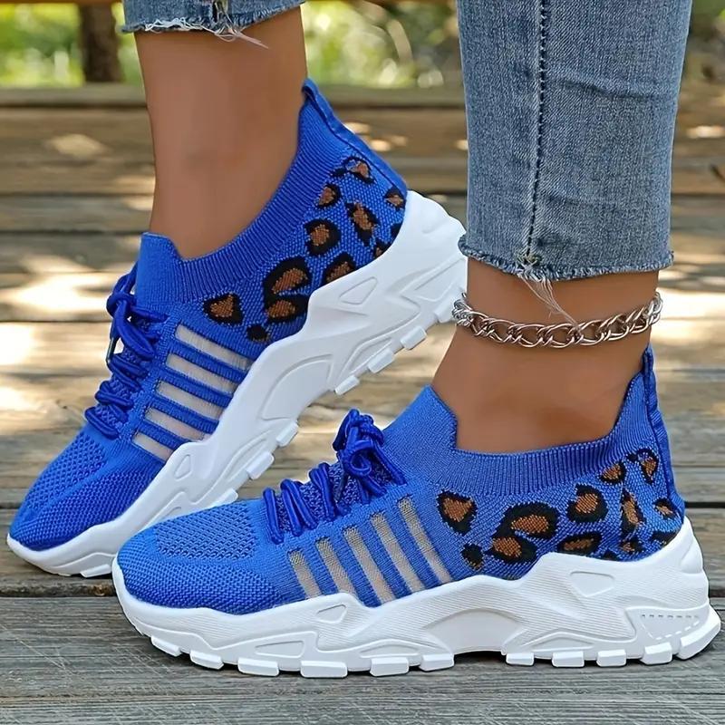 Women's Plus Size Breathable Knit Sneakers Leopard Print Striped Detail, LaceUp Running Shoes with Comfortable Platform Sole