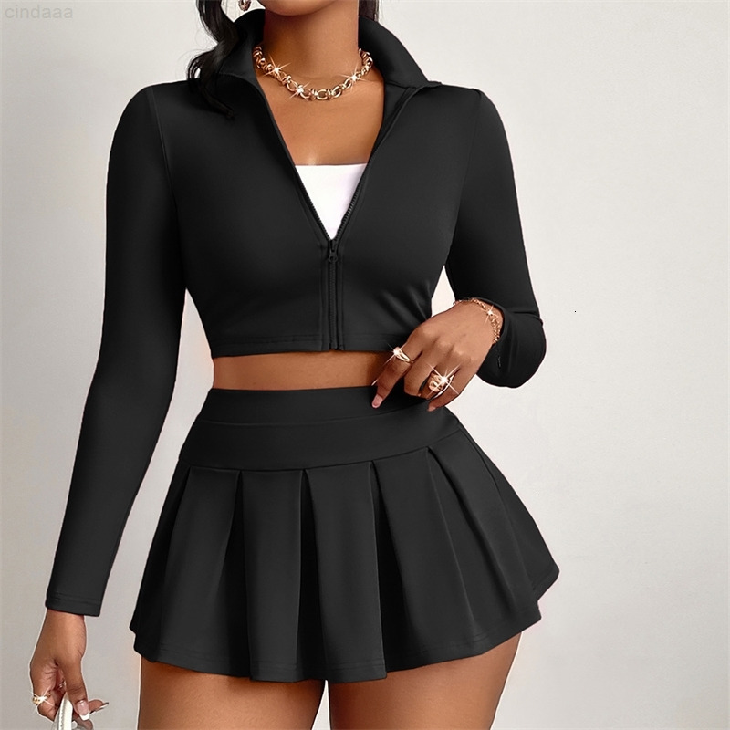 2025 Spring Casual Womens Clothing Solid Color Sexy Style Long Sleeve Top Short Skirt Set 4 Colors