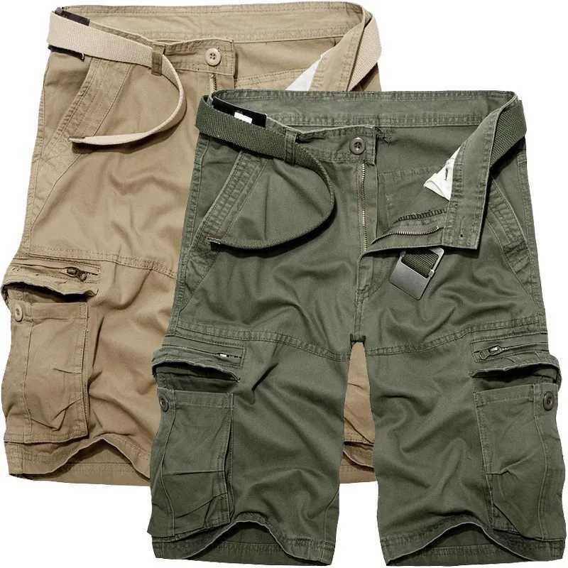 Mens khaki cargo shorts for summer 2023 mens casual military knee length shorts mens multi pocket pure cotton straight shorts without belt 28-40 Z2504