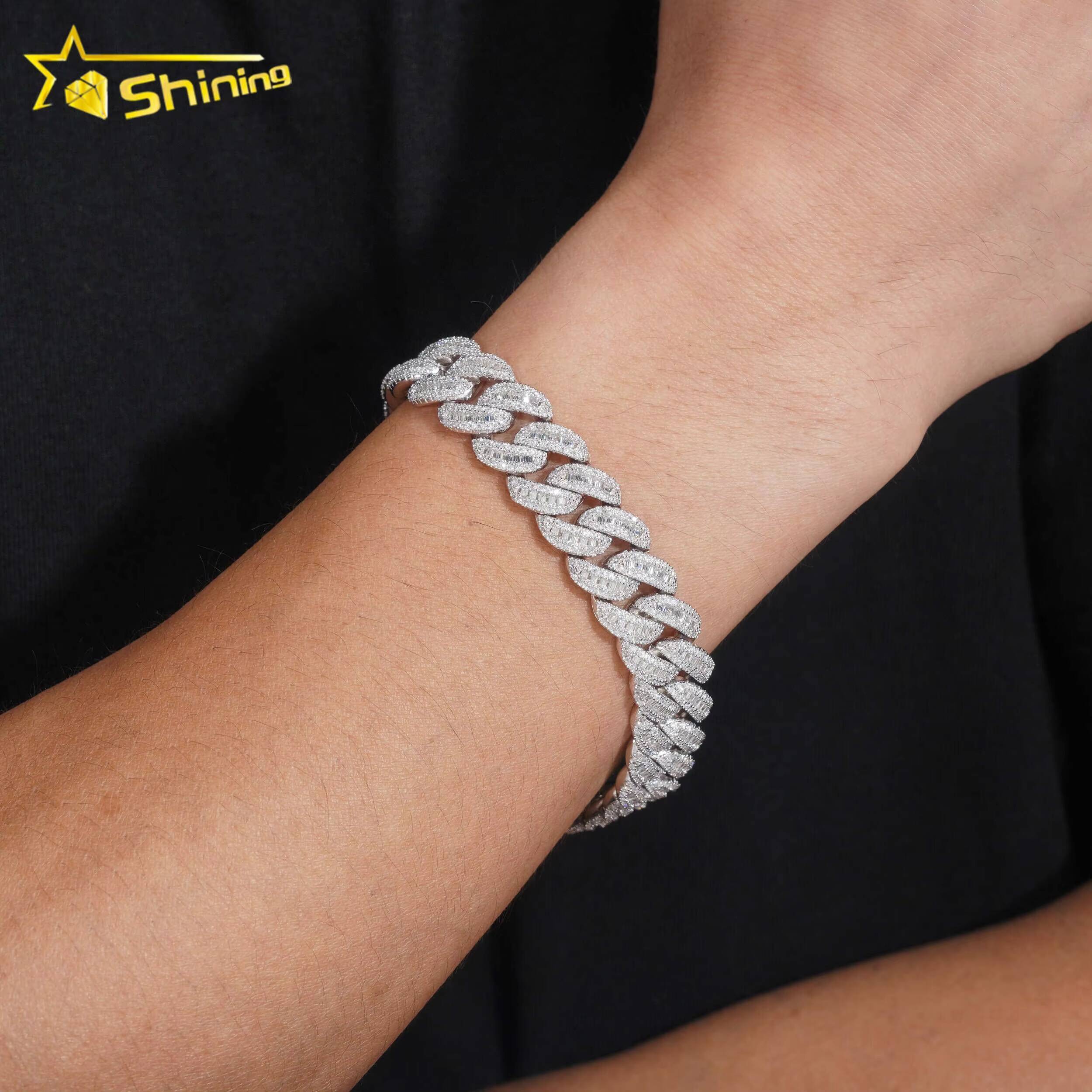 Pass Diamond Tester S925 Gold Plated Hip Hop Jewelry Mens 12MM Baguette VVS D Color Moissanite Cuban Bracelet