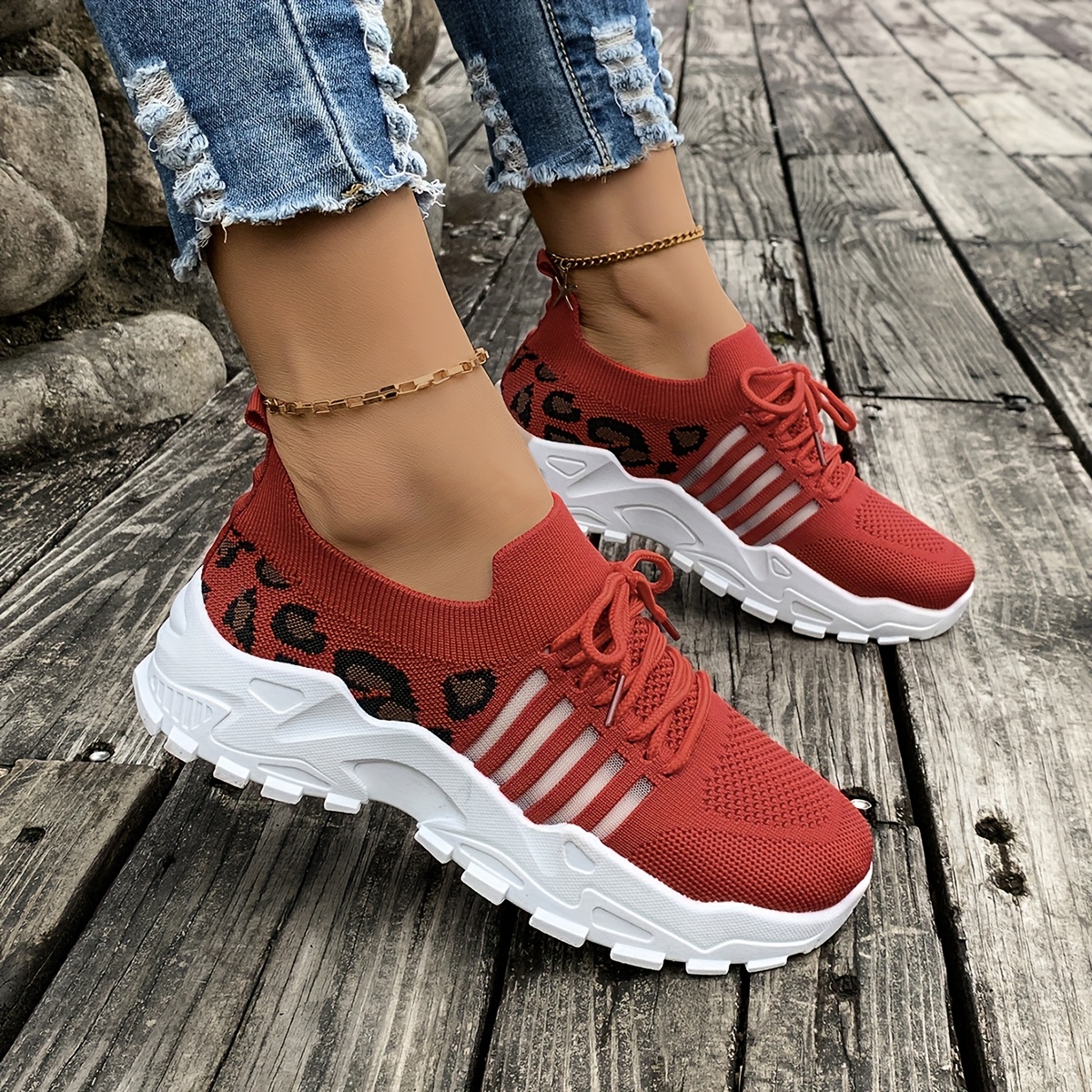Women's Casual Athletic Sneakers Breathable Mesh Leopard Print, Lightweight Lace Up Running Shoes