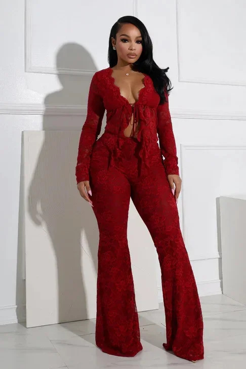Womens Set Long Sleeve Lace See Through Shirt Long Pants Street Evening Sexy Two 2Piece Sets Outfits Tracksuit 250415