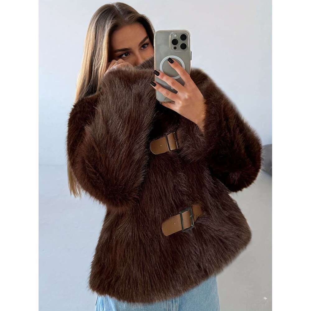 Warm Stylish Faux Fur Coat Women - Plush High Collar Open Front Jacket Suitable For Autumn And Winter Outings winter jacket women