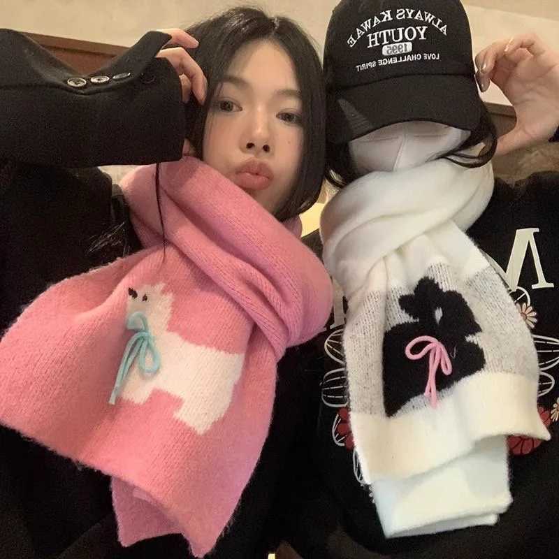 Luxury Winter warm scarf for women sweet cool rabbit handmade bow winter knitted wool imitation cashmere scarf solid color cartoon Y251115