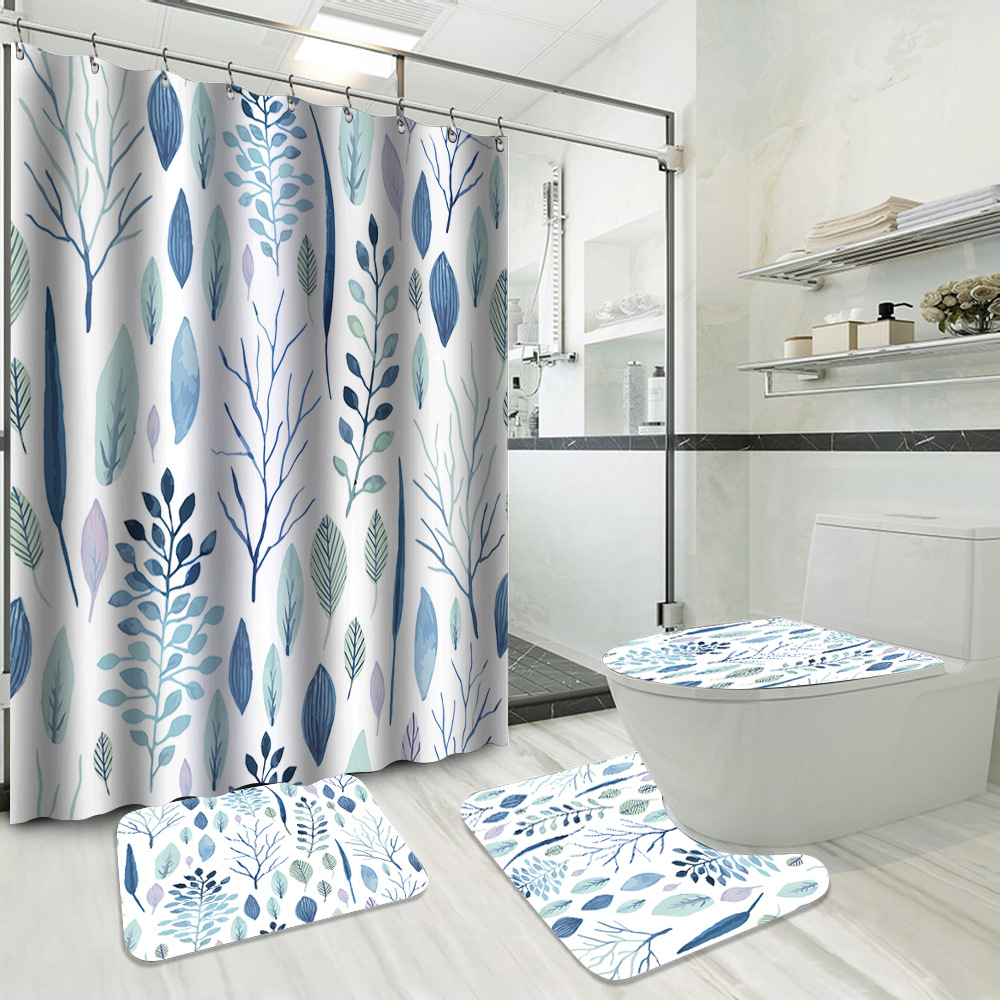 YL-37717 Hot Selling Shower Curtain 4-Piece Set, Green Plant Series, Waterproof and Mildew-Proof Shower Curtain, No Drilling Required