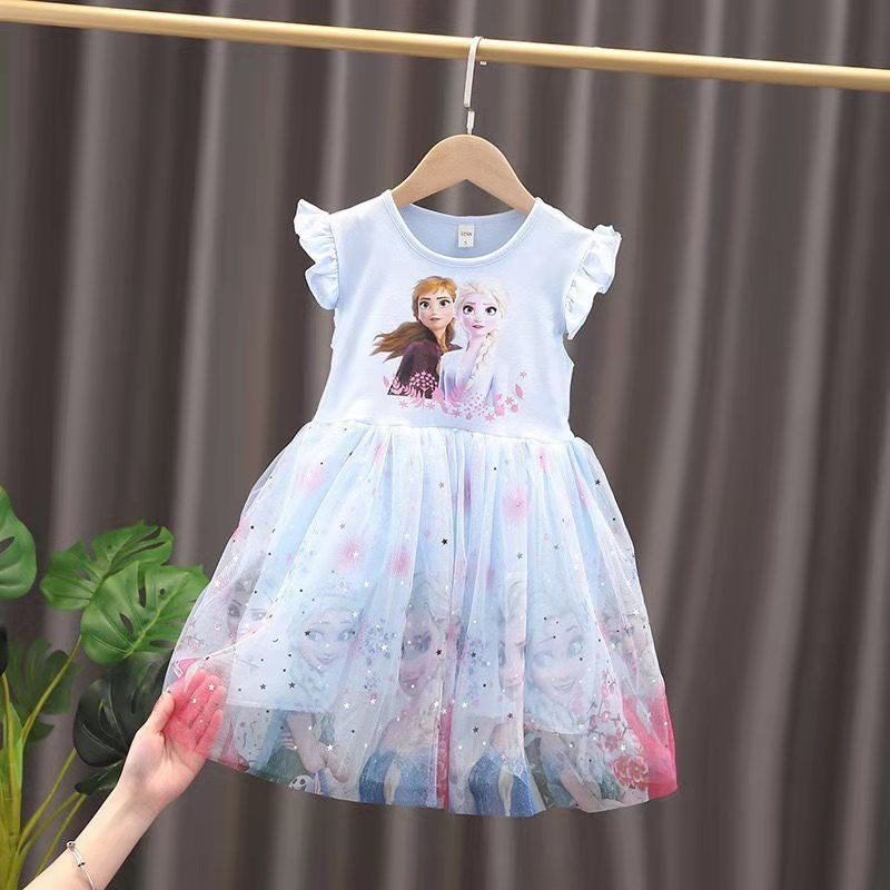 DISNEY toddler designer clothes infant designer clothes Frozen Elsa princess summer princess dress mesh dress little girls baby party dress.
