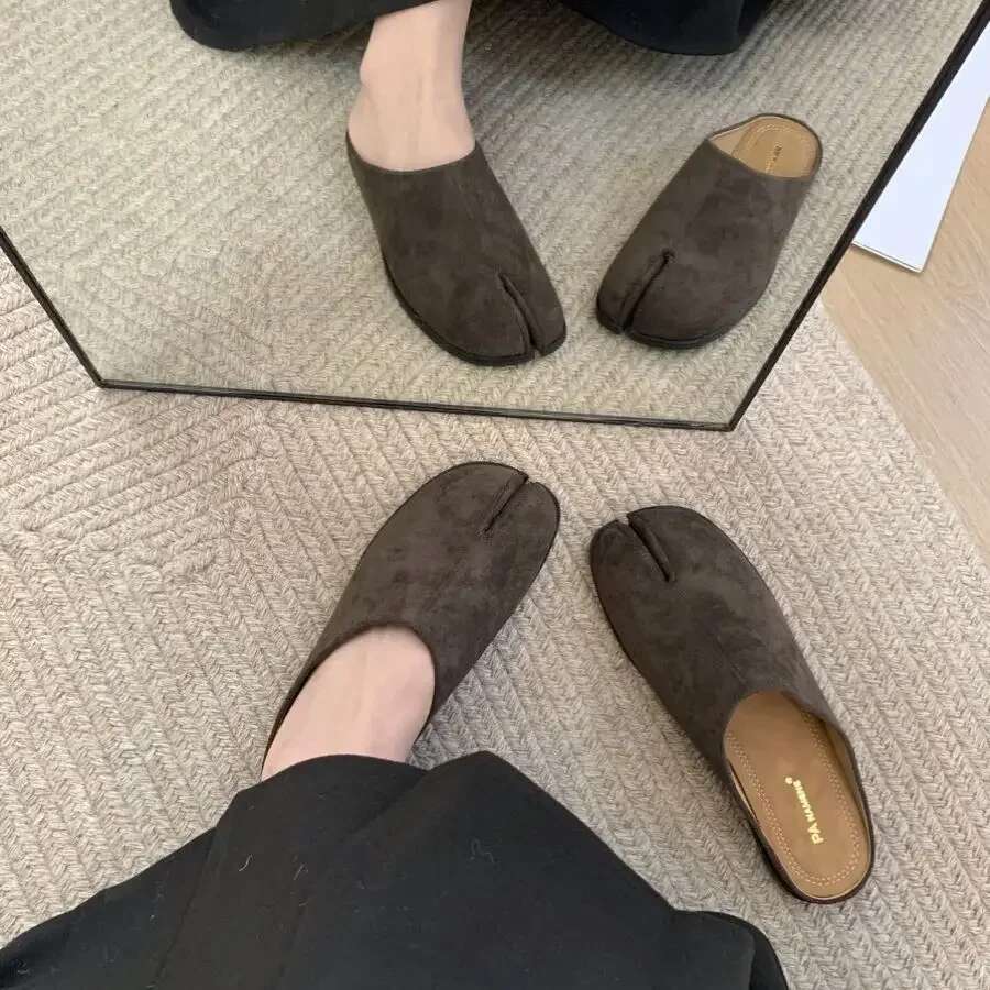 Bailamos Women Split Fur Slippers Tabi Ninja Slip On Flats Round Toe Shallow Lazy Boat Sgback Mules Shoes Soft Warm Loafe
