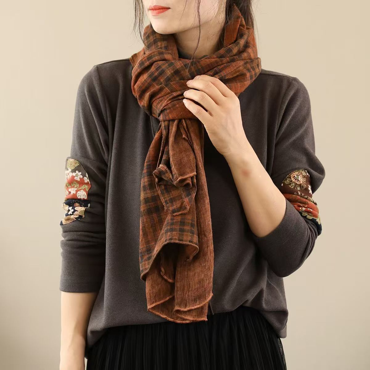 T485 autumn new art plaid color matching linen ethnic style cotton and linen warm scarf winter women's high-end