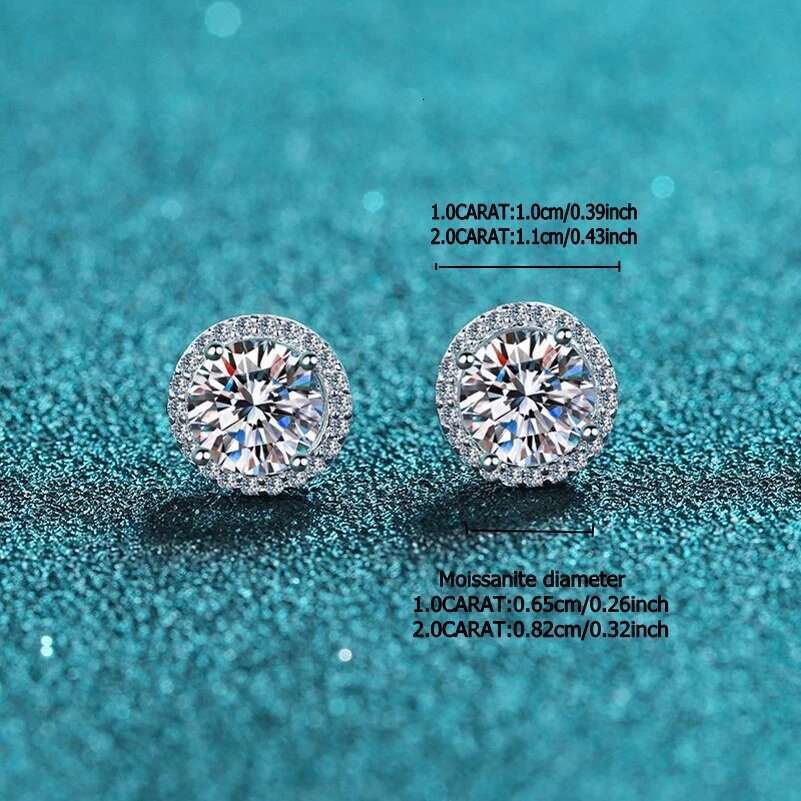 S Sier 50 Points - 2 Carat Moissanite Round Bag Classic Earrings Wedding Daily Work Party Travel Women's Gift