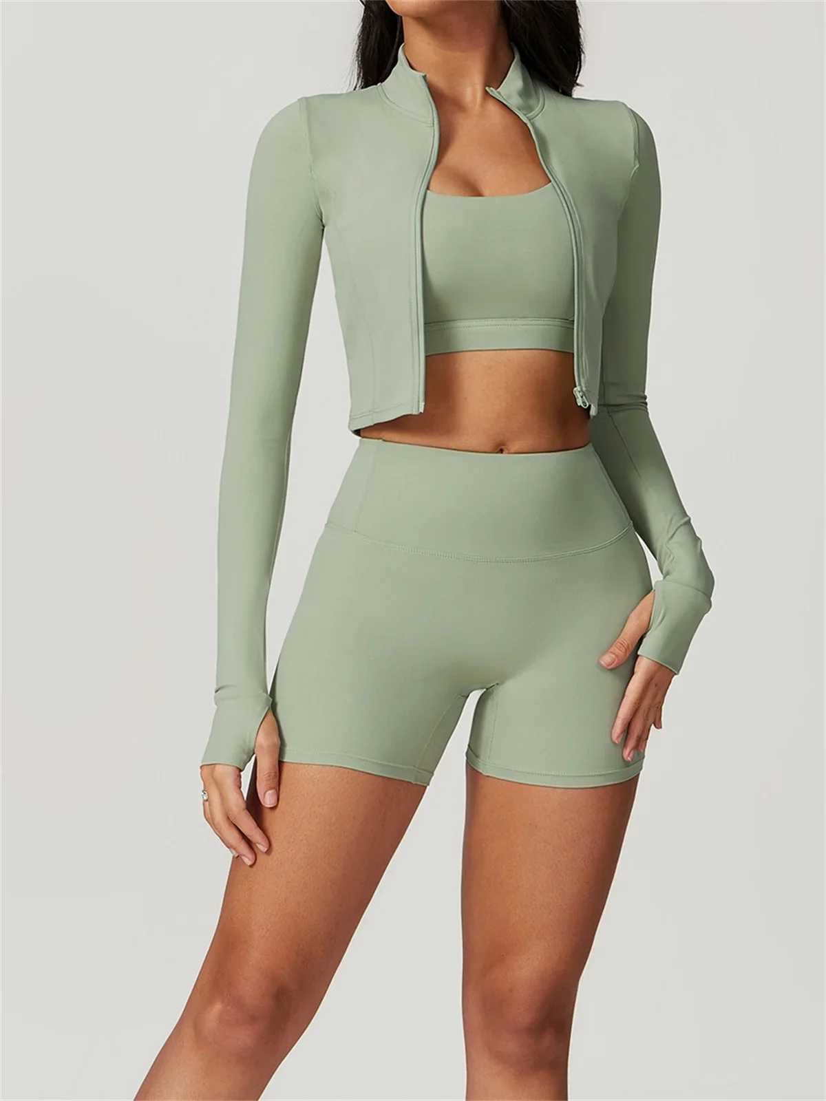 3-piece yoga shorts set suitable for women solid gym clothing suitable for bras seven waist length waist shock-absorbing sportswearXJ250415