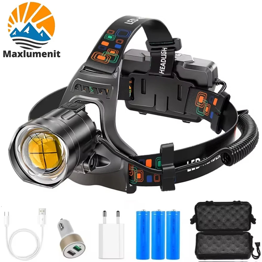 Powerful XHP100 Led Headlamp Zoomable USB Rechargeable High Power Headlight Waterproof Output 18650 Super Bright Head Torch 251112