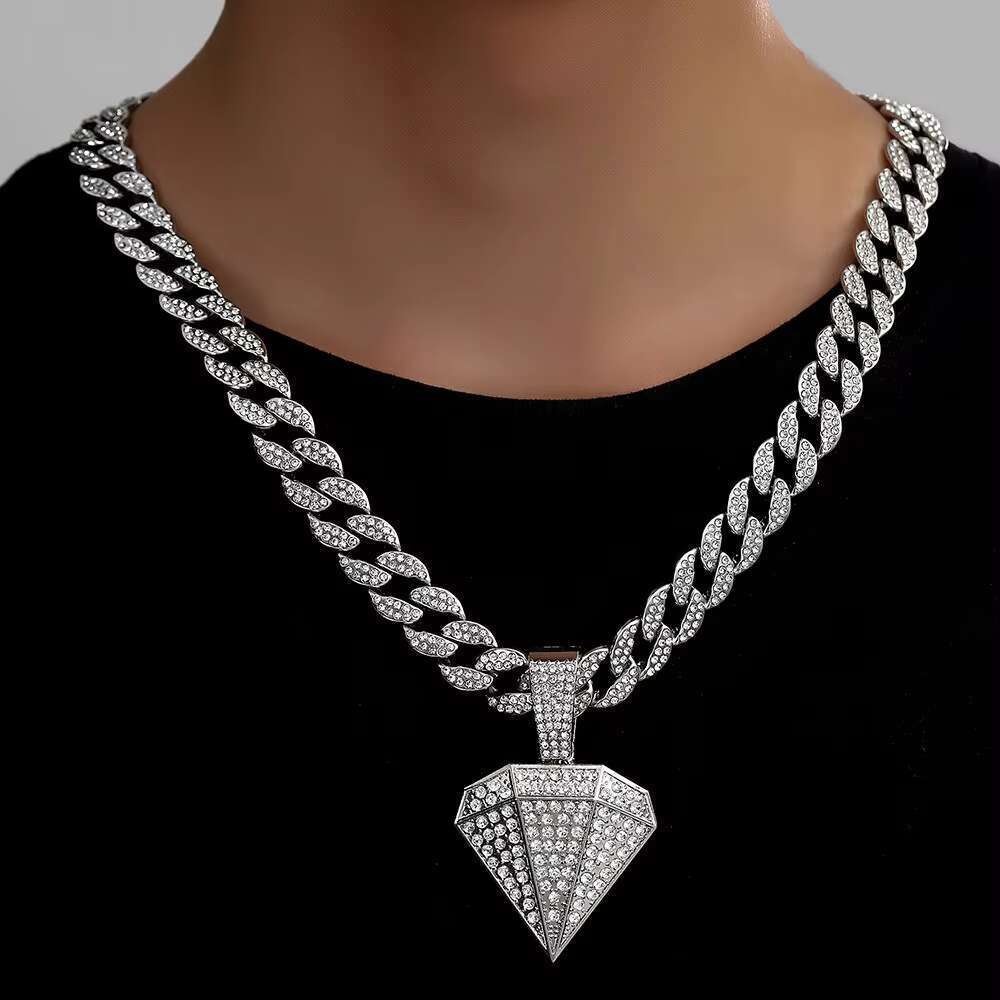DHCollections Dia Shape Pendant Necklace Iced Out Cuban Chain 15MM Hip Hop Bling Jewellery for Men Women Gold Sier Color 18 Inch 1 Piece