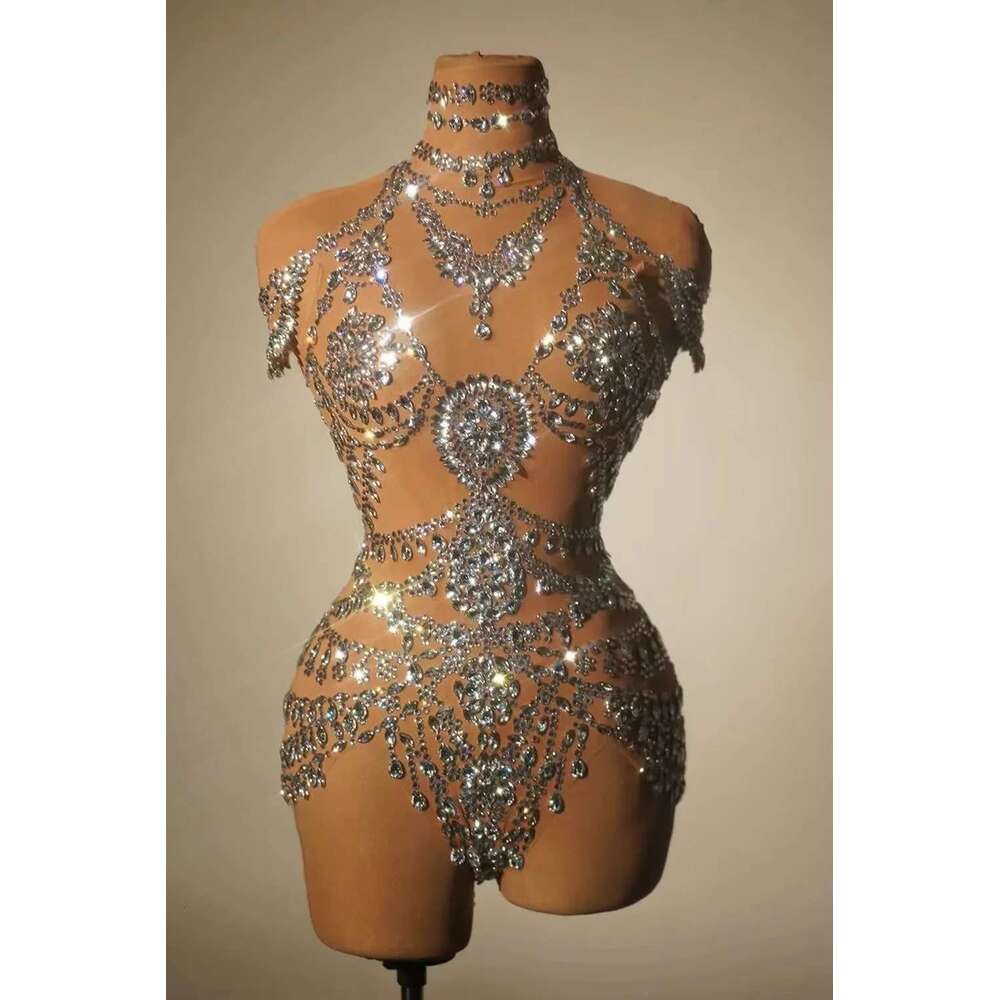 2024 Sexy Mesh Transparent Dance Outfit Sparkly Rhies Bodysuit Women Performance Costume Singer Party Club Show Stage Wear