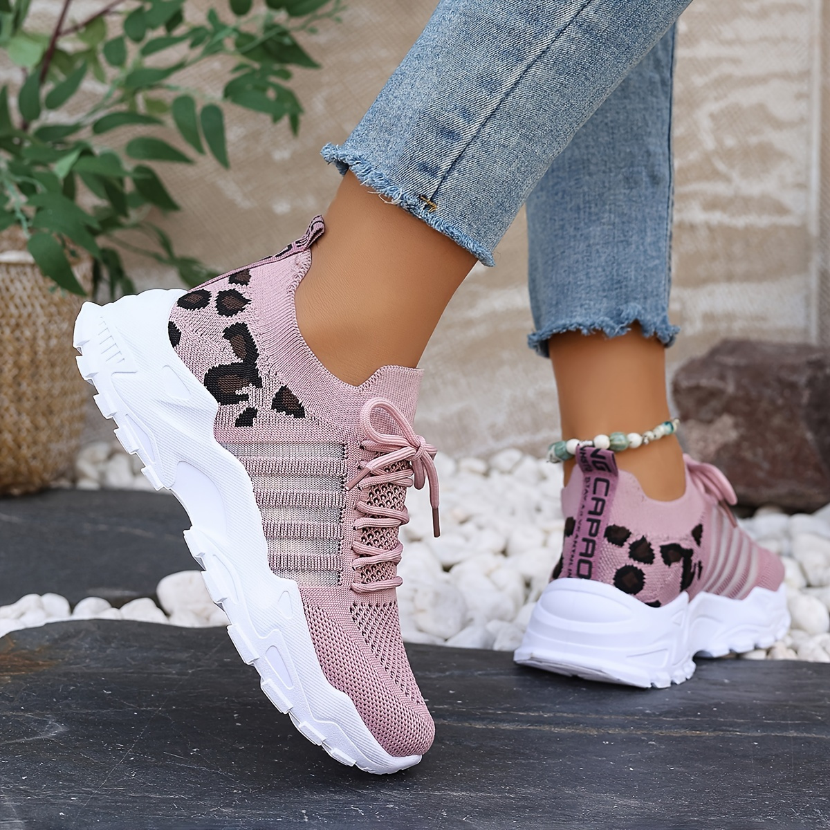 Women's Plus Size Breathable Knit Sneakers Leopard Print Striped Detail, LaceUp Running Shoes with Comfortable Platform Sole
