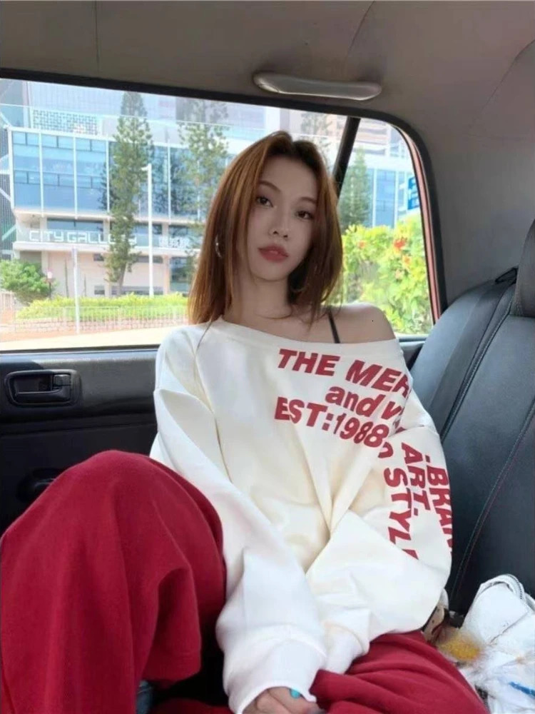 Woman American Vinrage Grey Street Sweatshirt Y2k Letter Printing Long Sleeve Casual Warm Oversize Baggy Ladeies Tops Autumn 250415