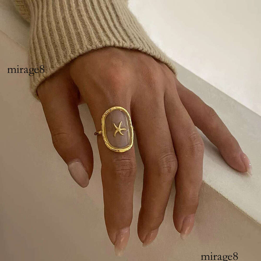 Oval Starfish Gold Plated Stainless Steel Hammer Pattern Ocean Wind Open Ring Women Anti Allergic Charm Daily Jewelry