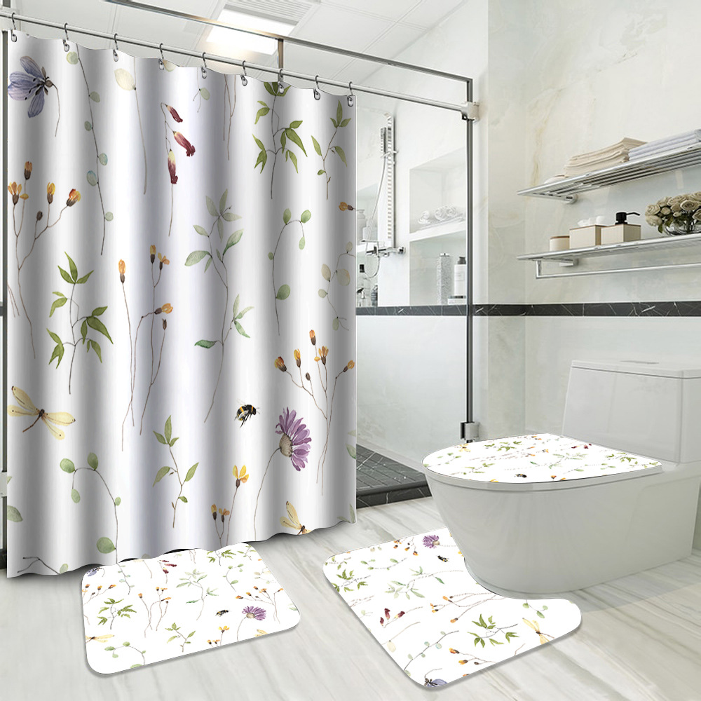 YL-37725 Hot Selling Shower Curtain 4-Piece Set, Green Plant Series, Waterproof and Mildew-Proof Shower Curtain, No Drilling Required