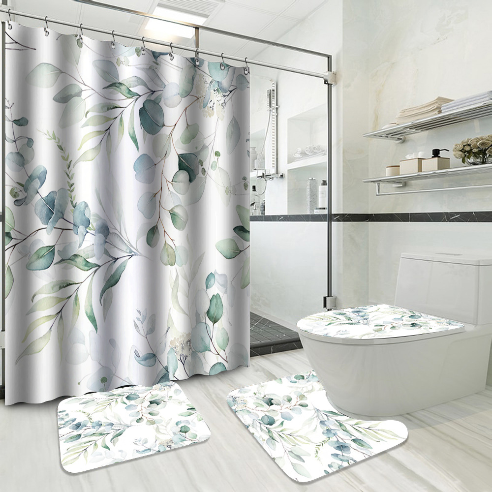 YL-37725 Hot Selling Shower Curtain 4-Piece Set, Green Plant Series, Waterproof and Mildew-Proof Shower Curtain, No Drilling Required