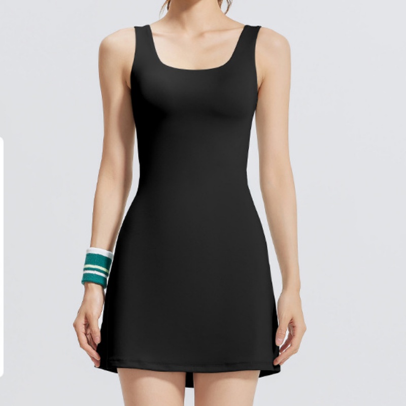 Women Summer Wide Shoulder Strap U-shaped Beautiful Back Yoga Dress Sports Tennis Skirt With Built-in Bra Pads Anti-wardrobe Malfunction