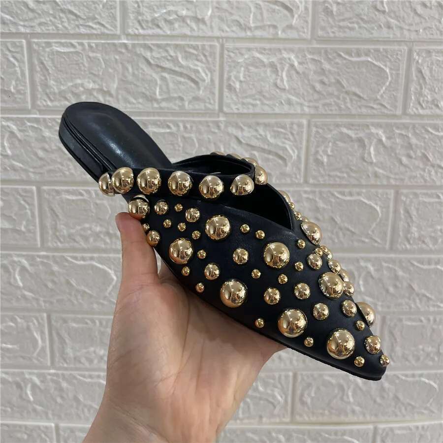 Punk Slippers for Women Rivets Studded Pointed Toe Summer Gladiator Sandals Flat Beach Shoes Female Slides Outside Mules