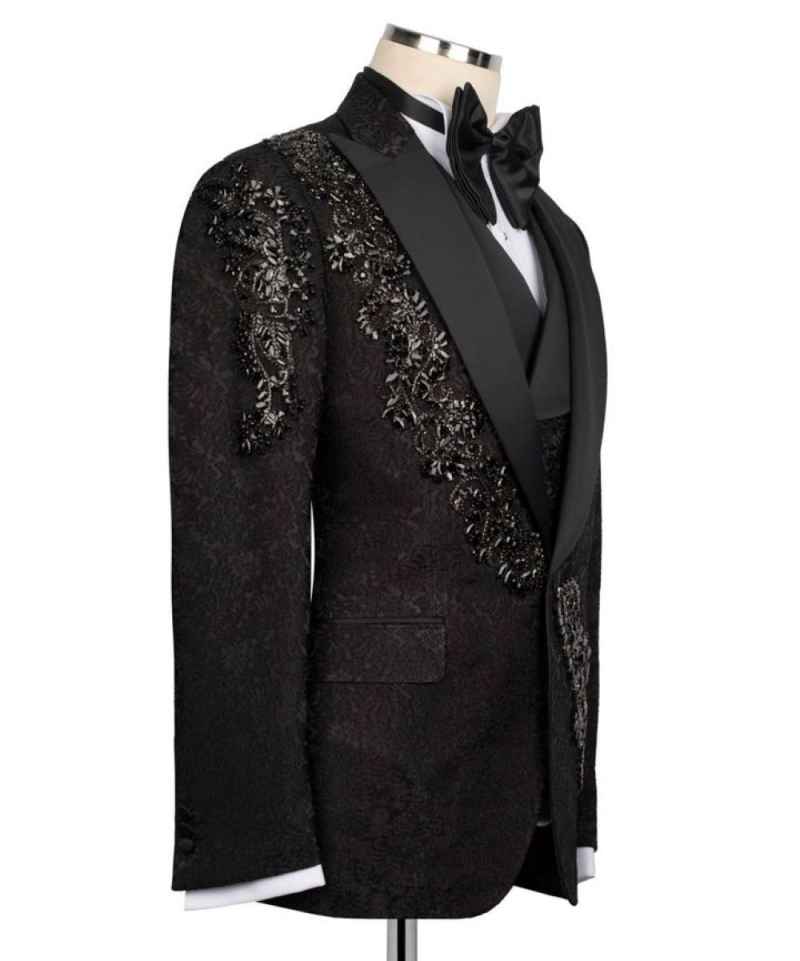 Luxury Beads Men Suits Customized Floral Pattern Groom Wedding Party Tuxedos 3 Pieces Sets Male Blazes Fashion Costumes Homme