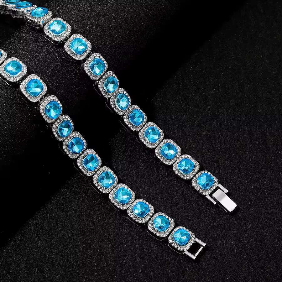 DHCollections Iced Out Cuban Link Chain Necklace 12mm Wide Blue Gem Tennis Style Hip Hop Accessory Gold Silver Color for Men Women 18-24 Inch 1 Piece