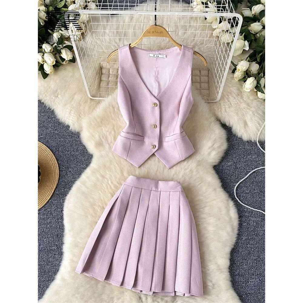 SINGREINY French 2Pcs Suit Women Summer Single Breasted Basic Camisole+Zipper Design Pleated Skirt Ladies Fashion Two Pieces Set