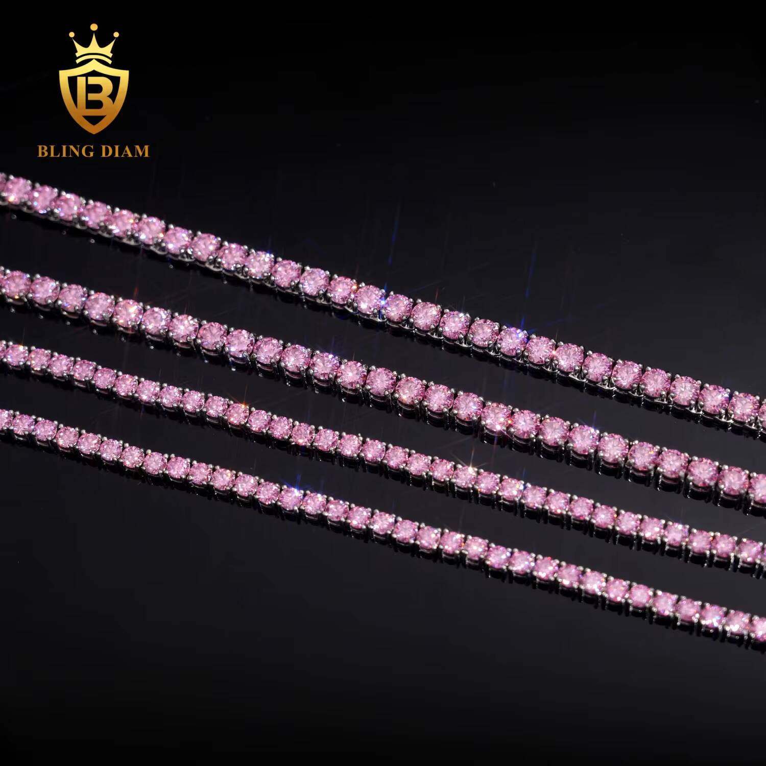 Wholesale Price 925 Sterling Silver Iced Out Hip Hop Jewelry Pink Moissanite 3mm 4mm 5mm Tennis Chain Necklace