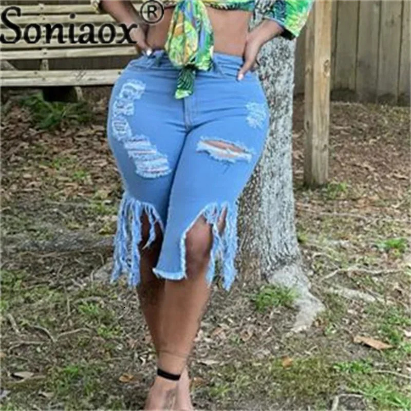 Summer Bermuda Shorts Women Ripped Cotton Knee Length High Waist Casual Denim Shorts Ladies Blue Sexy Straight Jean Shorts 250415