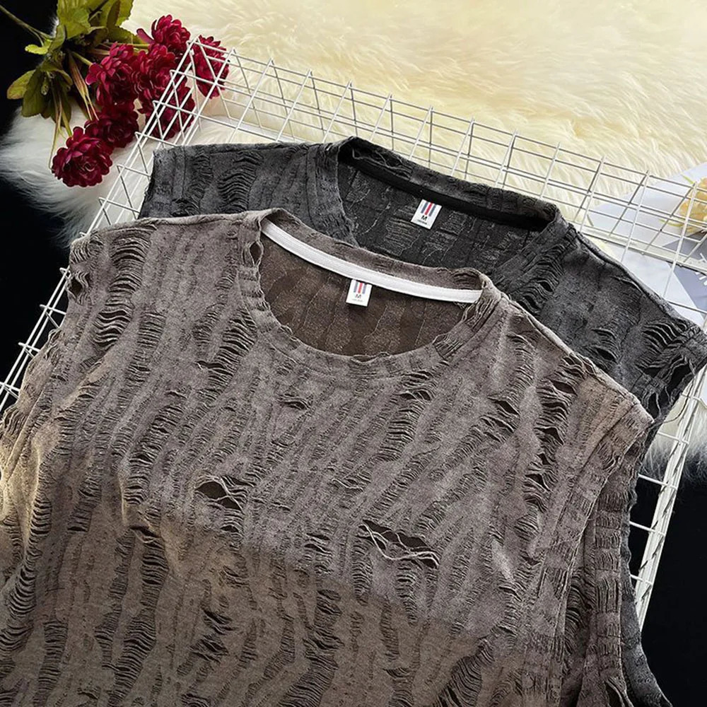 Mens Street Y2k Hole Worn Casual Vest Genderless Summer Niche Personality Versatile Dark Style Hiphop Tank Top Unisex 250415