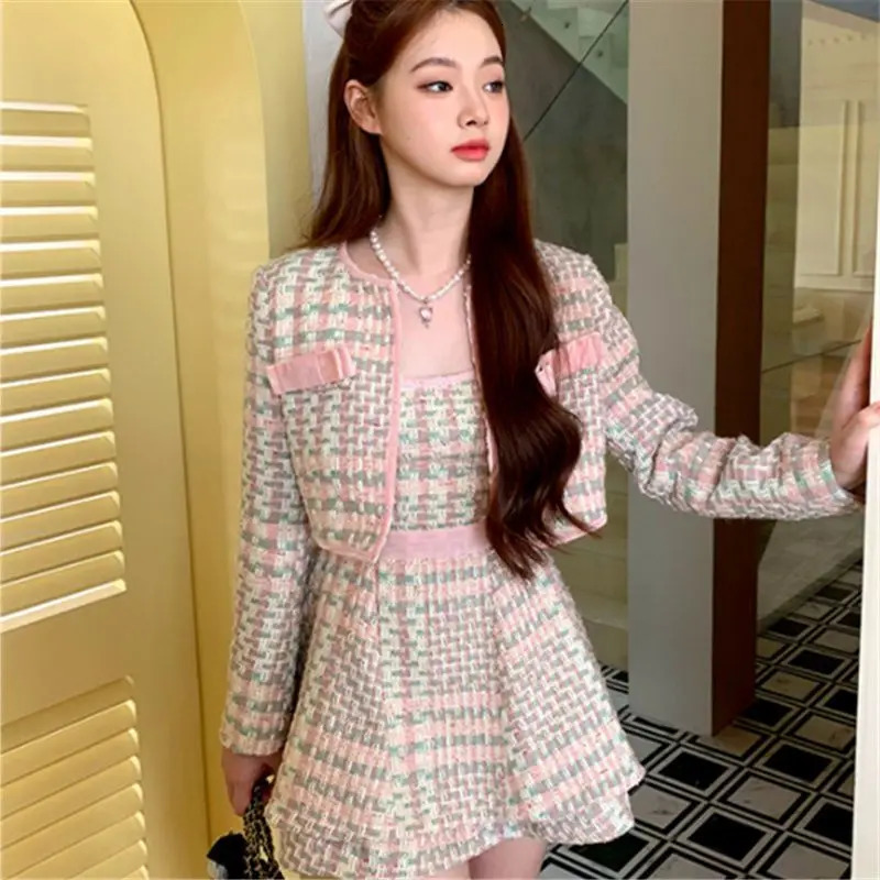 Spring Small Fragrant Style Suit Pink Tweed Short CoatSuspender Dress Set Sweet Girl Fashion Two Piece Sets Women Outfits 251113