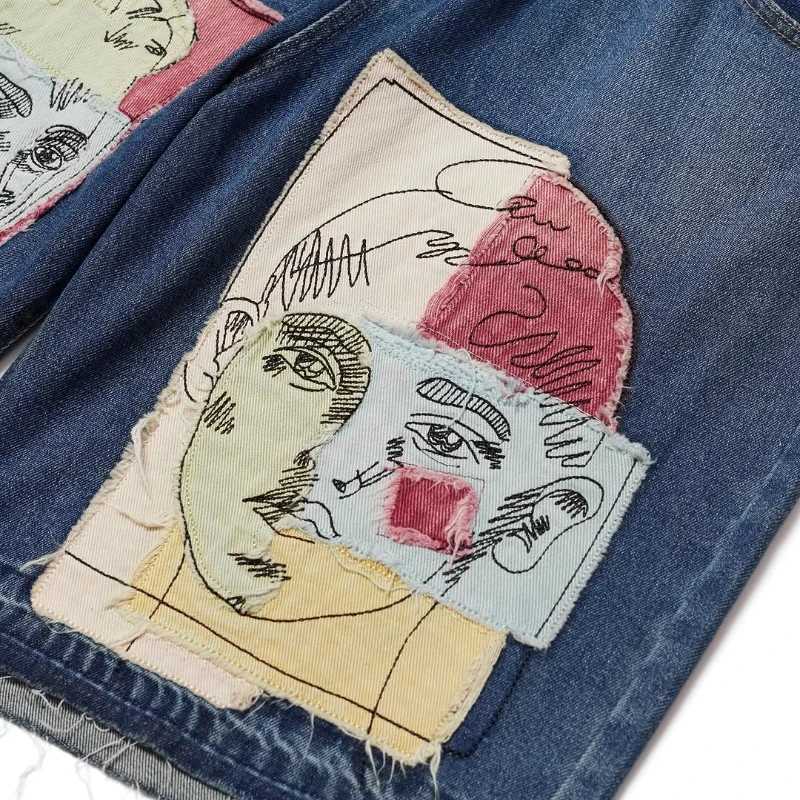 Y2K retro bag denim shorts art pattern decal embroidery high-quality hip-hop jeans mens street graffiti clothing Z250416