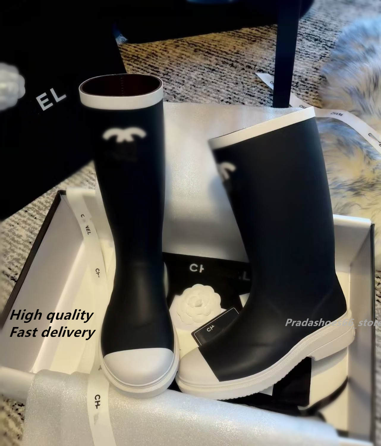 2025 Luxury designer Rain boots Black white splicing Women Shoes Platform Rainboots Woman Chelsea Ankle Boots fend Woman Martin boots cha wellington bottes ff