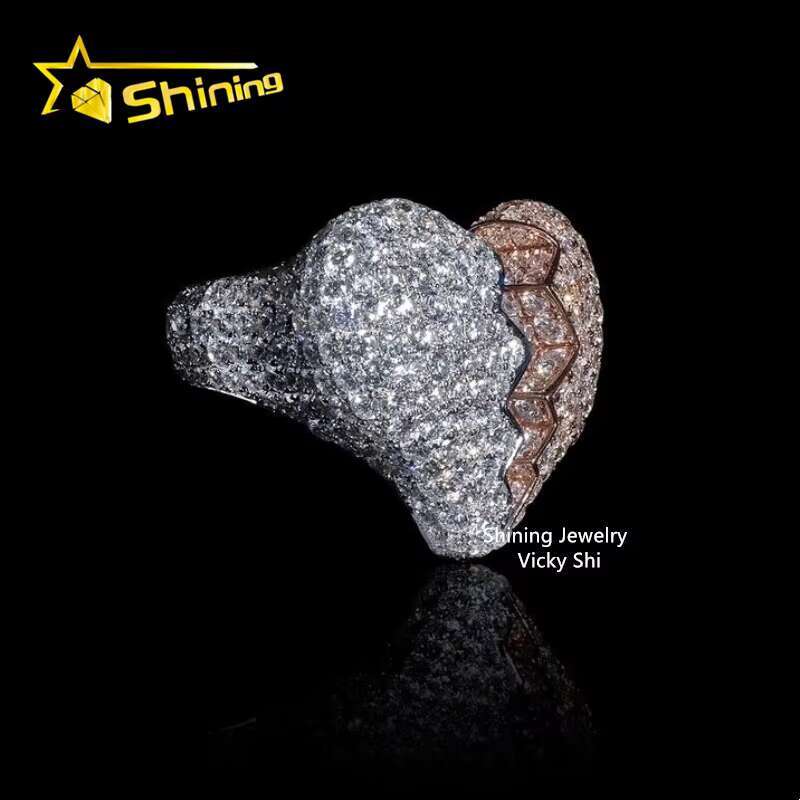 New Iced Out Design Heart Ring Custom Rapper Jewelry Hip Hop Ring 925 Sterling Silver VVS Moissanite Broken Heart Ring