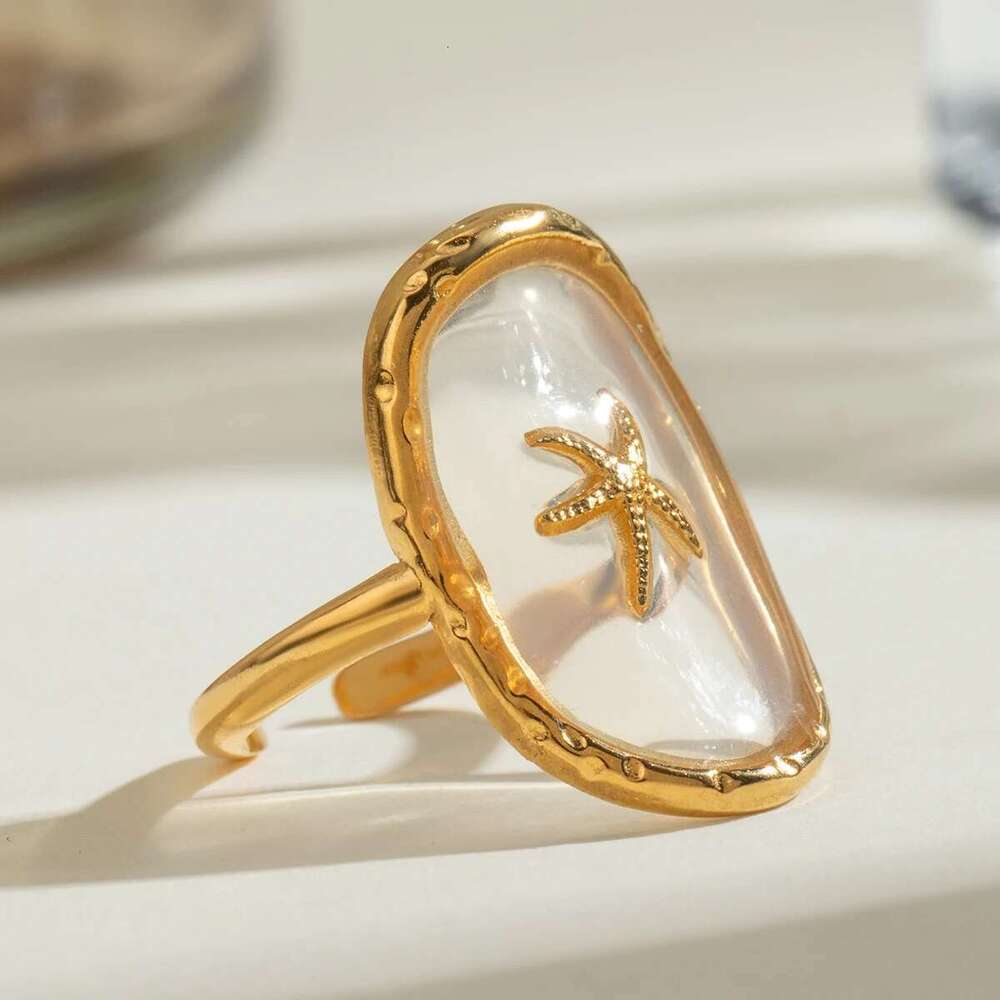 Oval Starfish Gold Plated Stainless Steel Hammer Pattern Ocean Wind Open Ring Women Anti Allergic Charm Daily Jewelry