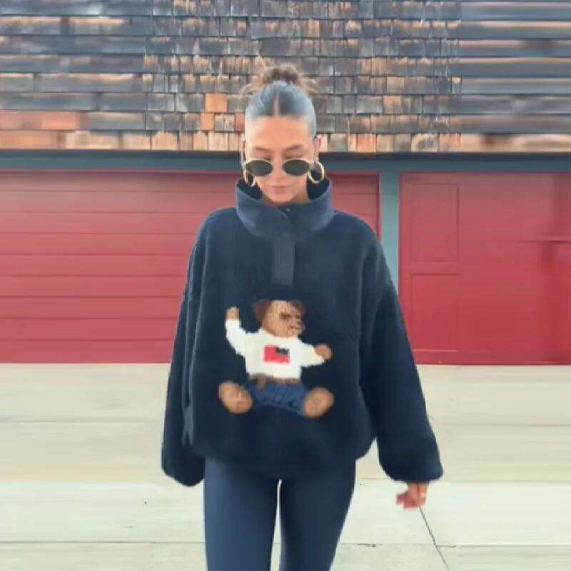 Autumn Winter Soft Cartoon Bear Lamb Jacket For Women Stand Neck Long Sleeve Loose Coat New Lady Warm Thick Outwears