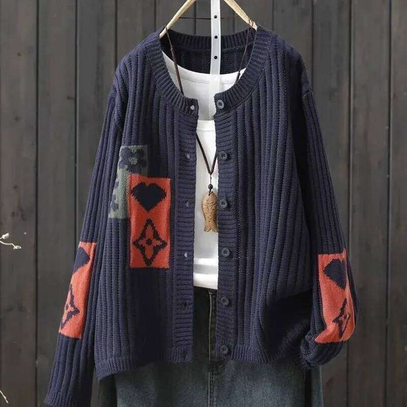 Women's Clothing Jacquard Casual Sweaters Autumn Long Sleeve Loose Knit Floral Cardigan Lady O-Neck All-Match Fashion Top Coat