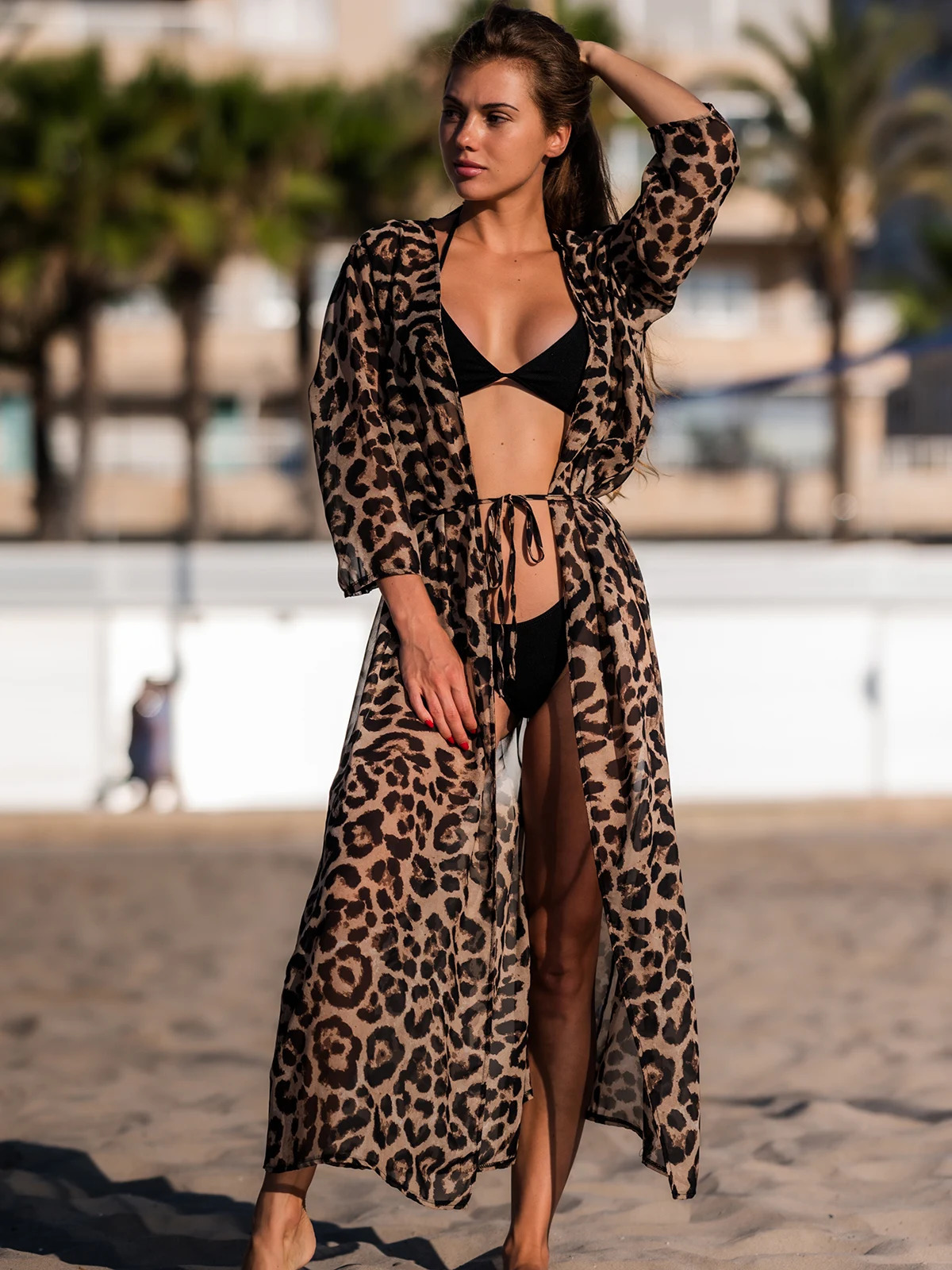 Sexy Leopard Printed Beach Cover Up Chiffon Cover-ups Swimwear Beach Wear Summer Beachwear Female Women Long Dress V3219 250411