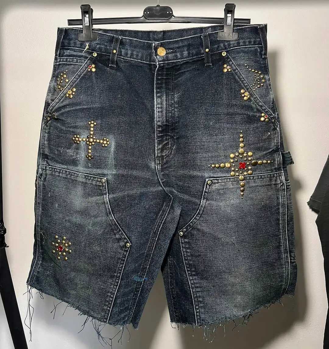 American Harajuku Set Gemstone Retro Washed Denim Shorts Mens Street Hip Hop Rap Fashion Y2K Tassel Jeans Z250416