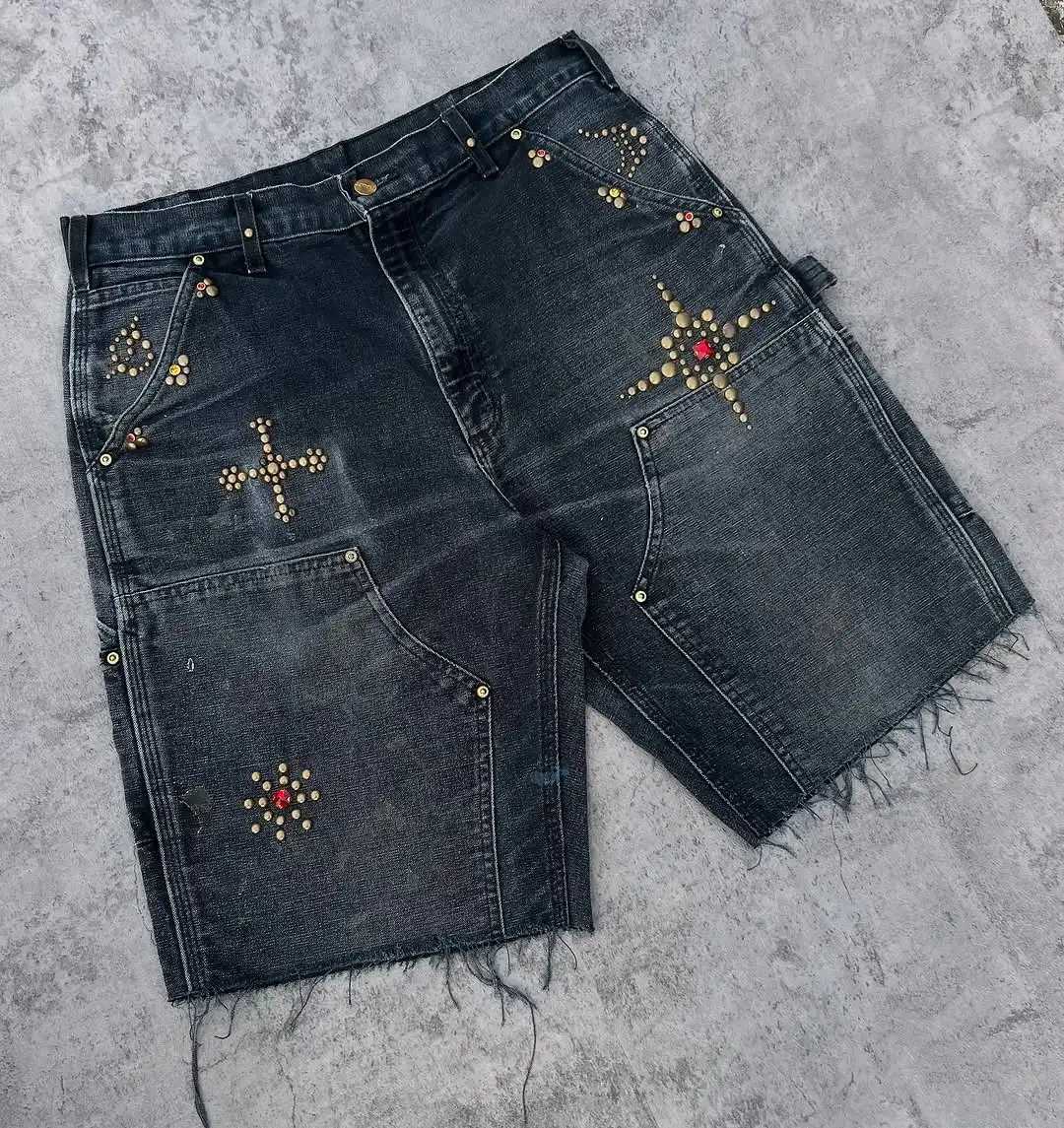 American Harajuku Set Gemstone Retro Washed Denim Shorts Mens Street Hip Hop Rap Fashion Y2K Tassel Jeans Z250416