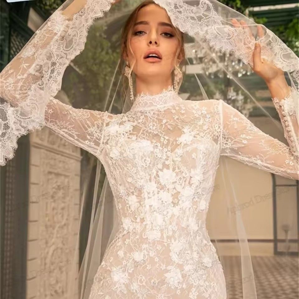 Exquisite Wedding Dresses For Women Mermaid Lace Appliques High Neck Bridal Dress Full Sleeves Vestidos De Novia Customized 2025 01