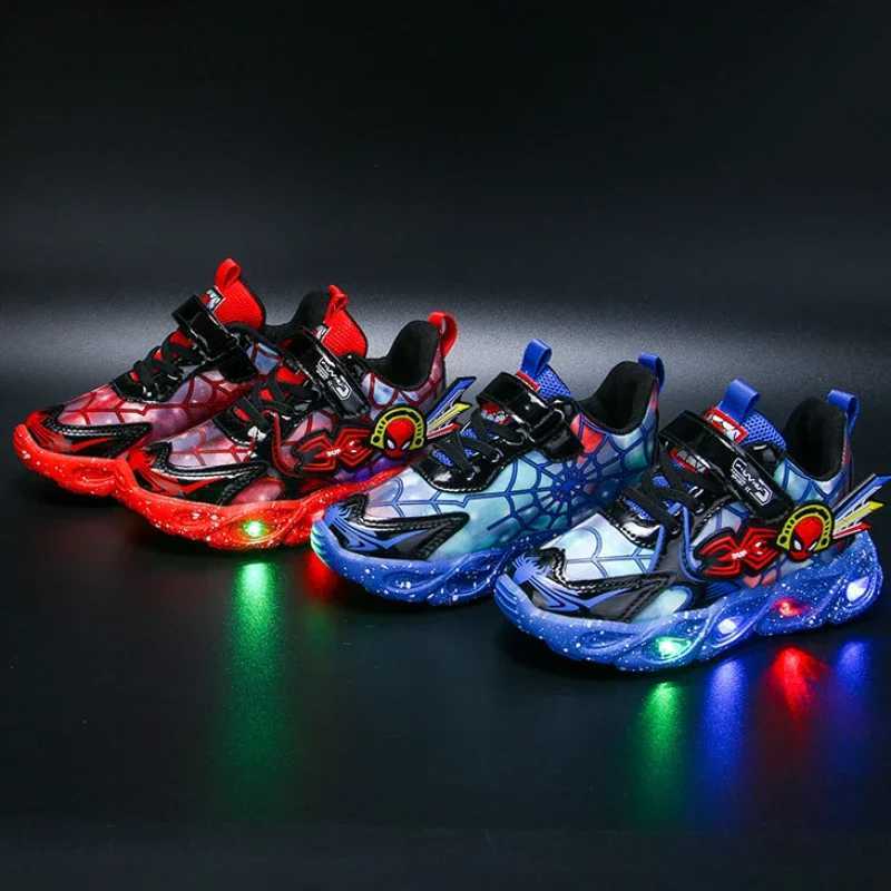 Disney Boy Spider Man sneakers Disney LED childrens sneakers student shoes fashionable anti slip childrens outdoor shoes Pu leather shoesXJ250416