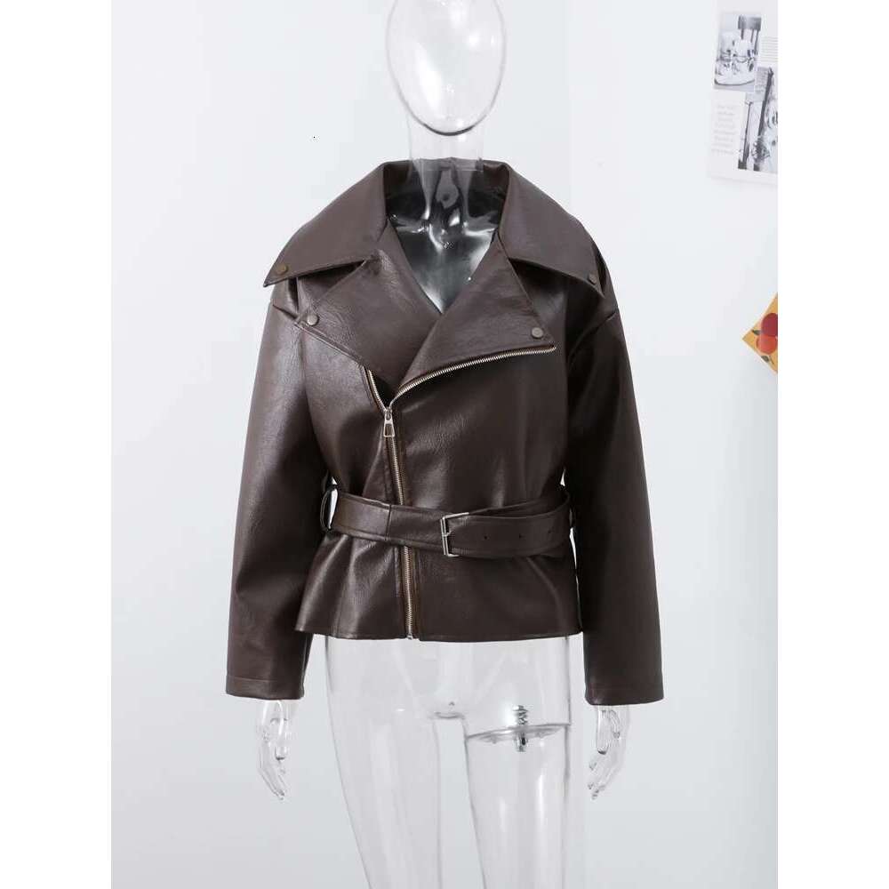 Designer Clothes High Street Leather Chaqueta De Lapel Full Sleeves With Belt Zippers Crop PU Jackets Female 2025 Spring Summer Casual Lady Coat