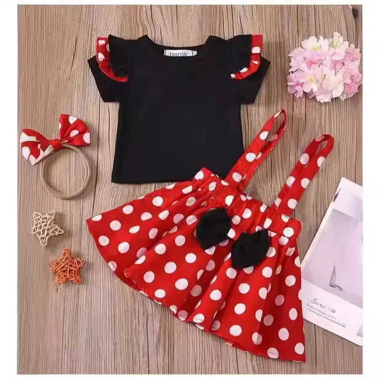 Disney Minnie Mouse Girl Suit Childrens Dress Baby Clothes Set Summer Birthday Costume Polka Dot Sundress Bow Headband Skirt Set W20250416
