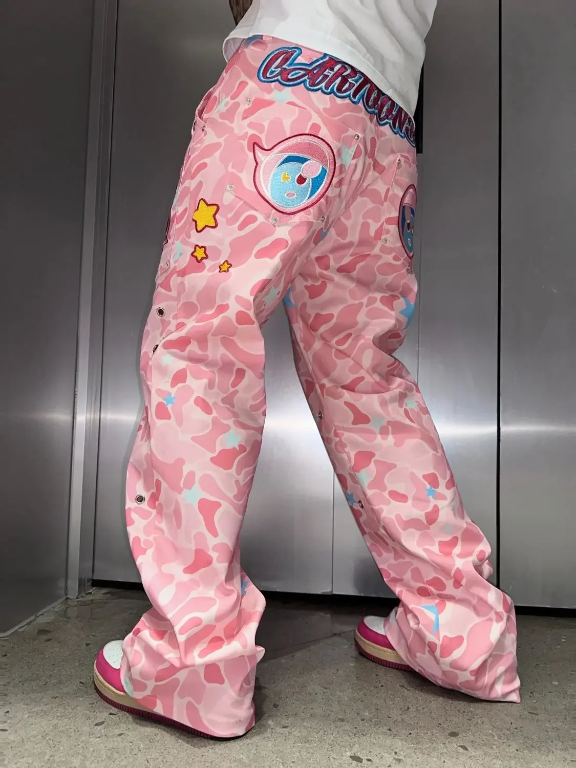Sense Heavy Craftsmanship Pink Camouflage Embroidered Jeans Men Street Hip Hop Unisex Straight Wide Leg Pants 250415