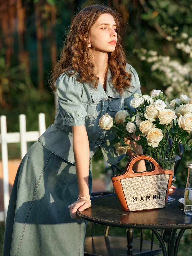 OLrain Retro Denim Technology Set Lyocell Short Sleeve Puff Top Washing Aline Technology 2025 SpringSummer Two Piece O24XE90921 250414Z